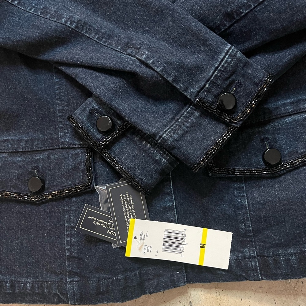 Jones New York Signature Vienna Dark Wash Denim Jacket Beaded Accents Size Med - Picture 7 of 7